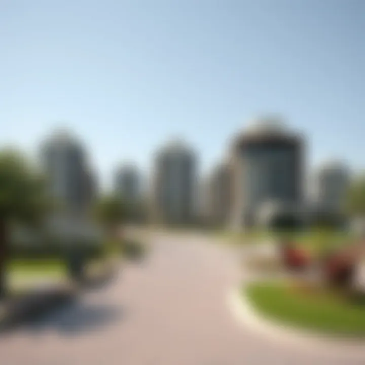 Modern residential buildings in Al Khail Heights with lush surroundings.