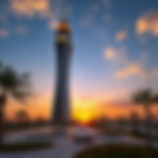 Stunning view of Al Sondos Tower against a vibrant sunset