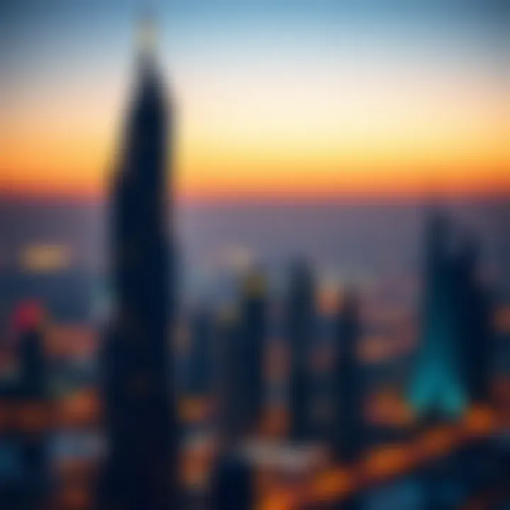 The skyline featuring Amna Tower at dusk, illuminated against the city lights