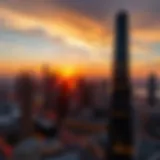 Stunning sunset view of Brands Creek Tower illuminating Dubai's skyline