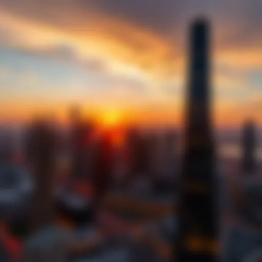 Stunning sunset view of Brands Creek Tower illuminating Dubai's skyline