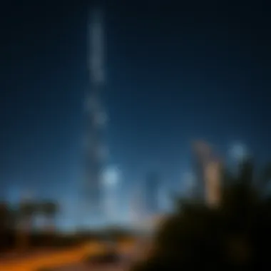 Burj Khalifa at Night Night-time view of Burj Khalifa illuminated against the Dubai skyline.