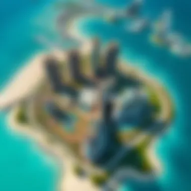 Aerial view of Etihad Towers complex, emphasizing the unique architectural layout and surrounding landscape.