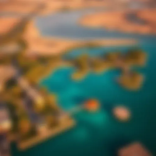 Aerial view of Damac Lagoon showcasing vibrant blue waters and lush greenery