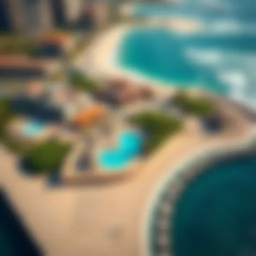 Aerial view of La Mer Jumeirah showcasing the coastline and vibrant beach life