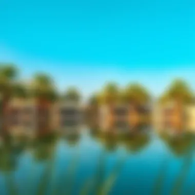 Oasis of Calm: Lakeside Retreats in Dubai Calm lake surrounded by palm trees in Dubai