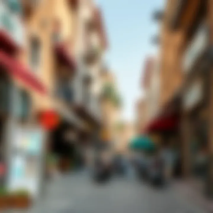 A bustling street scene in Al Wasl with cafes and shops, depicting the vibrant lifestyle of the neighborhood.