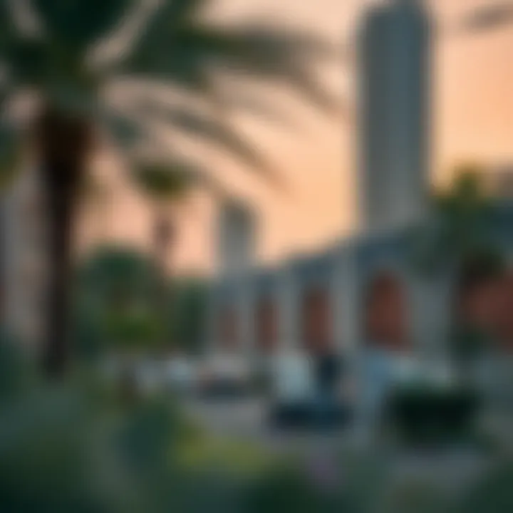 A bustling neighborhood development near the waterfront.