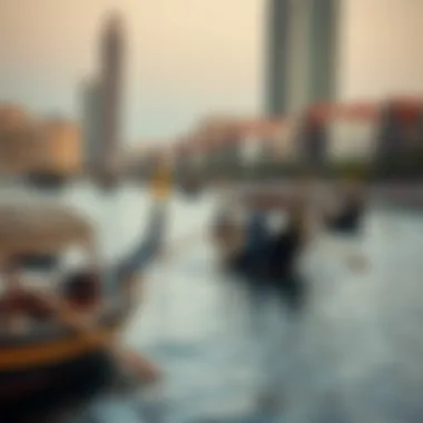 The serene Dubai Creek with traditional wooden dhows