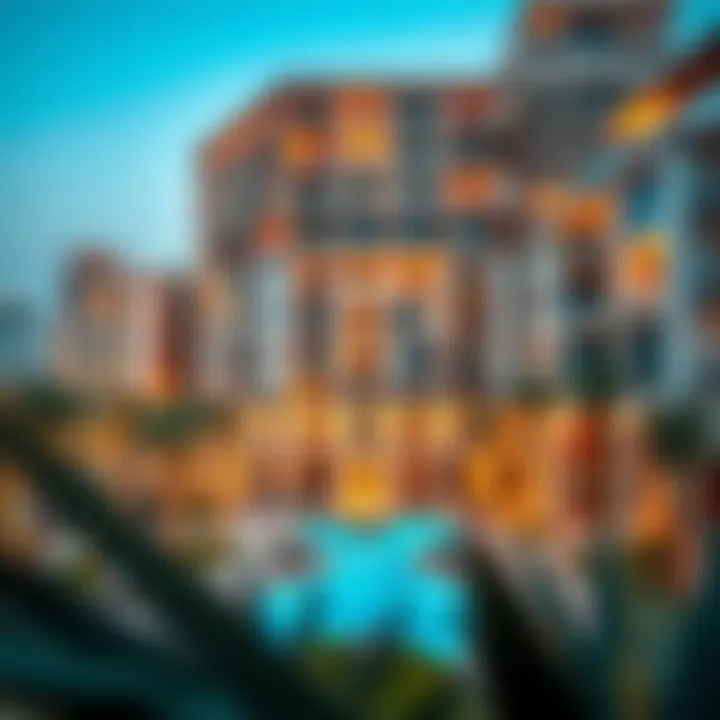 An overview of a modern apartment complex with vibrant surroundings