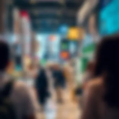 A bustling real estate market scene with agents and clients