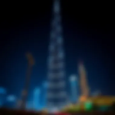 Night Illumination of Dubai's Tallest Building Night view of the towering structure illuminated against the night sky