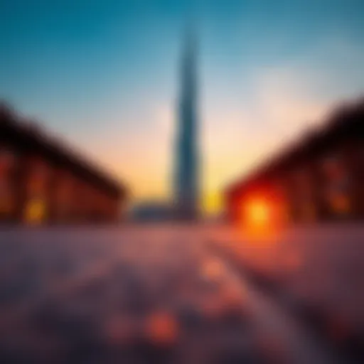 A stunning view of the tallest structure in Dubai reflecting the sunset