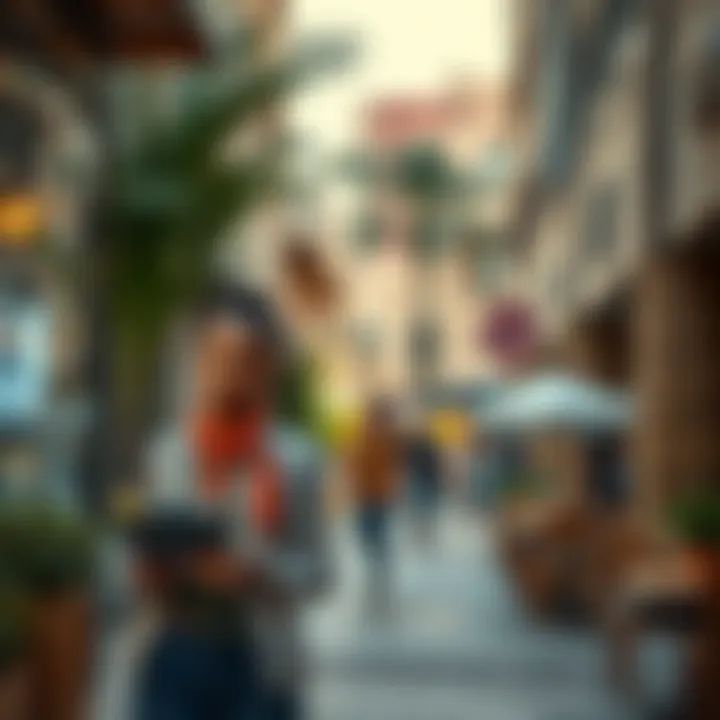 A bustling commercial area in Wasl Nook with shops and cafes offering diverse experiences.